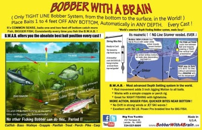 Bobber With A Brain Jr 3 Pack Slip Float w/ 1 Rig Crappie Trout Catfish Waleye